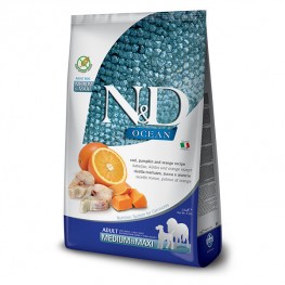 Фармина N&D Dog Ocean треска, спельта, овес и апельсин для вз.собак медиум/макси, 2,5 кг
