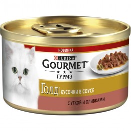 Влажный корм Purina Gourmet Гурмэ Голд Кусочки в соусе для кошек с уткой и оливками, банка, 85 г